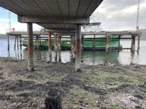 Fish farm boat at Barcaldine pier, Loch Creran
